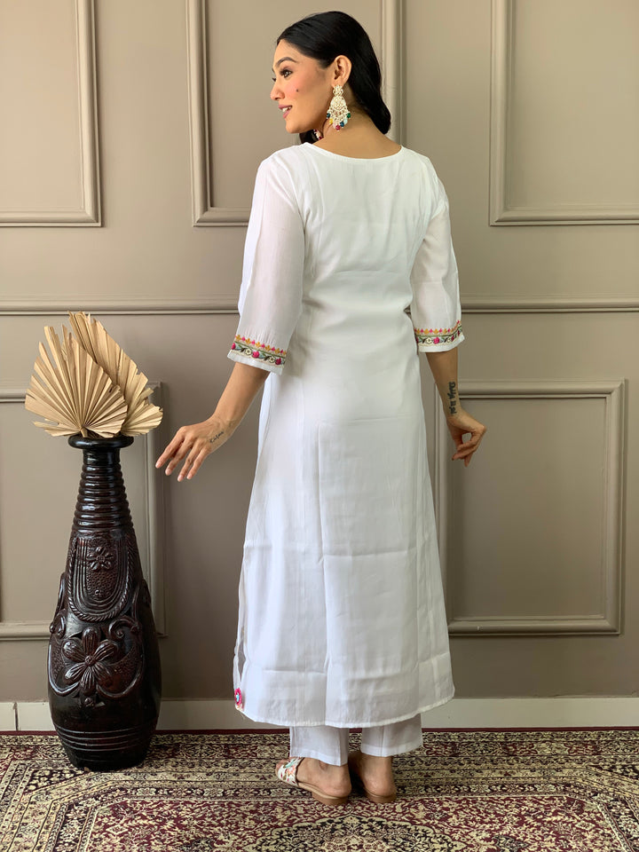 Off-White Color Chanderi With Cotton Lining Kurti Embroidery Work With Pant And Dupatta Set