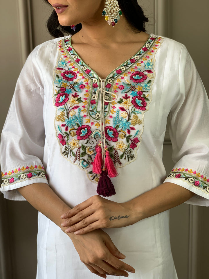 Off-White Color Chanderi With Cotton Lining Kurti Embroidery Work With Pant And Dupatta Set