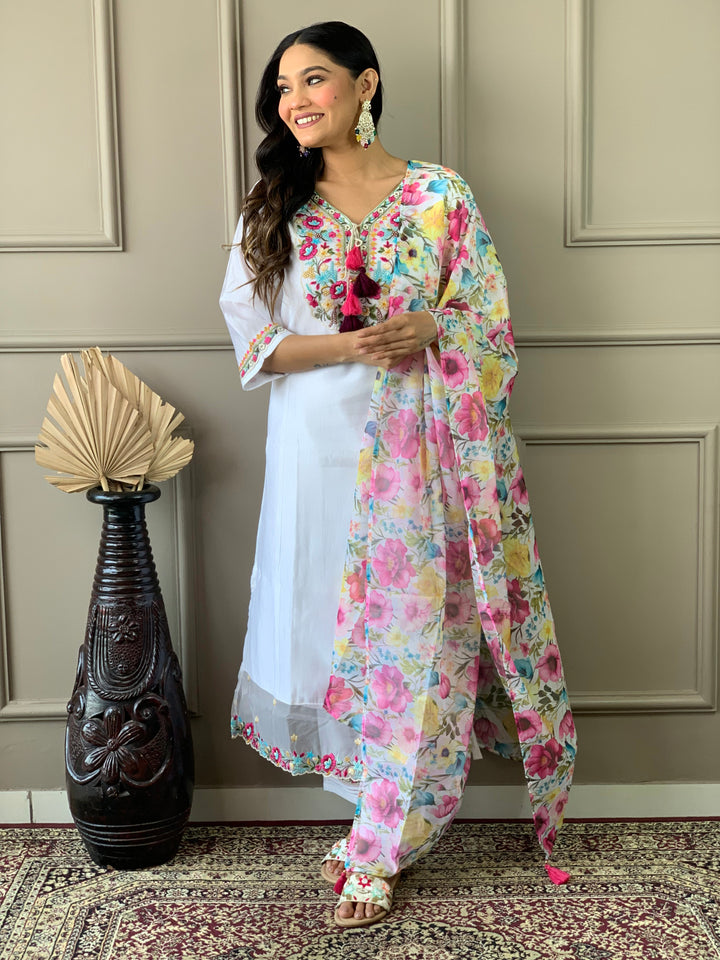 Off-White Color Chanderi With Cotton Lining Kurti Embroidery Work With Pant And Dupatta Set