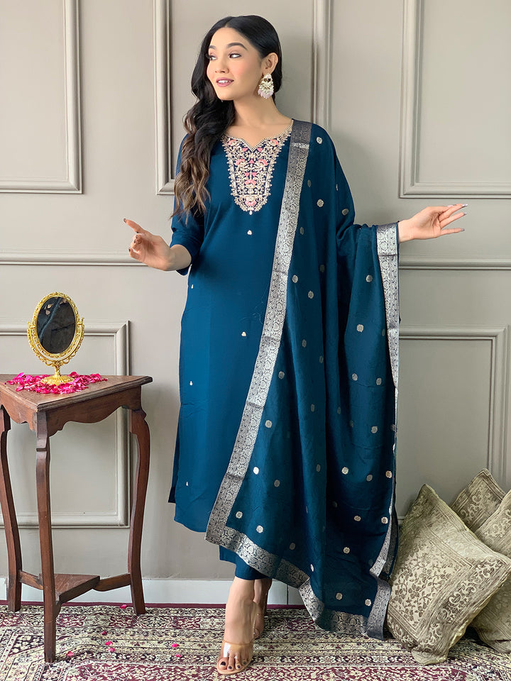 Petrol Color Viscose Chanderi With Lining Embroidery Work Kurti With Pant And Dupatta Sets