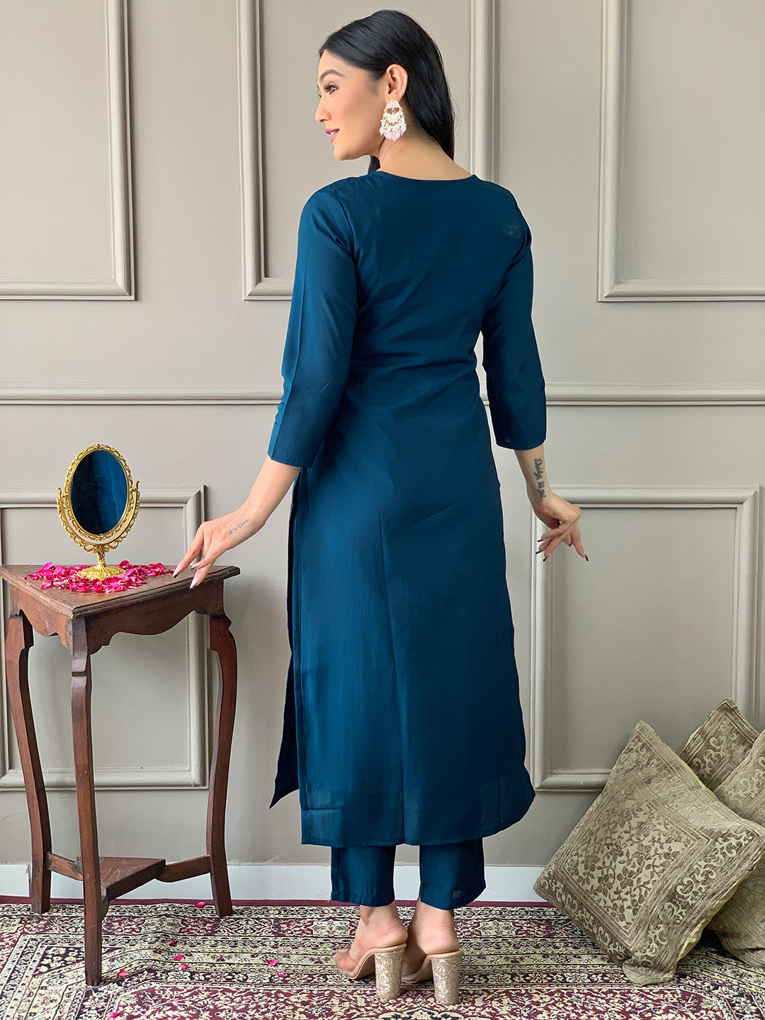 Petrol Color Viscose Chanderi With Lining Embroidery Work Kurti With Pant And Dupatta Sets
