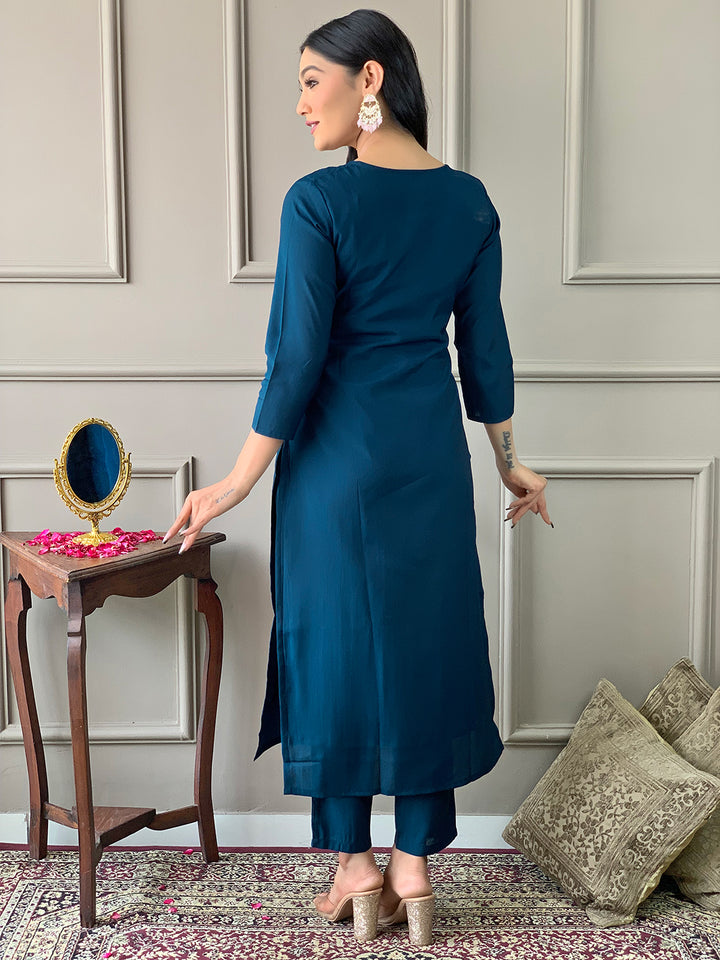 Petrol Color Viscose Chanderi With Lining Embroidery Work Kurti With Pant And Dupatta Sets