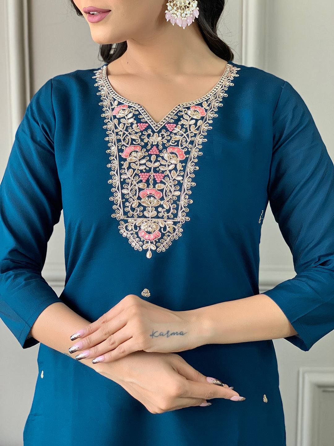Petrol Color Viscose Chanderi With Lining Embroidery Work Kurti With Pant And Dupatta Sets