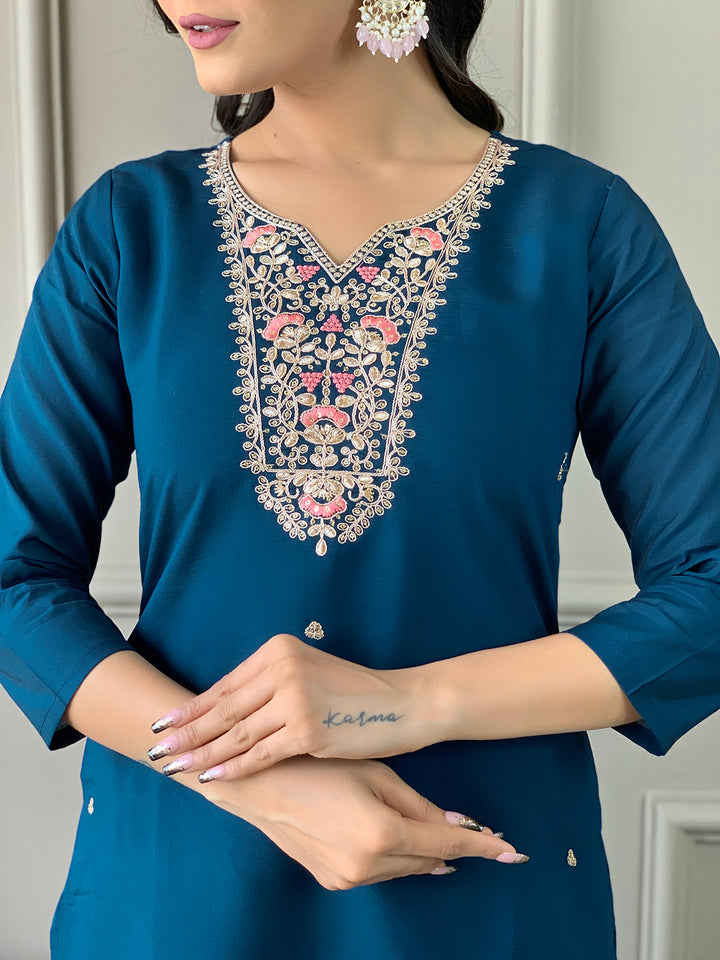 Petrol Color Viscose Chanderi With Lining Embroidery Work Kurti With Pant And Dupatta Sets