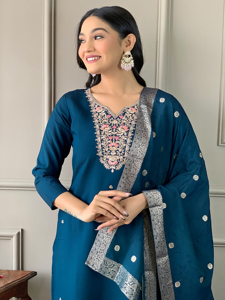 Petrol Color Viscose Chanderi With Lining Embroidery Work Kurti With Pant And Dupatta Sets