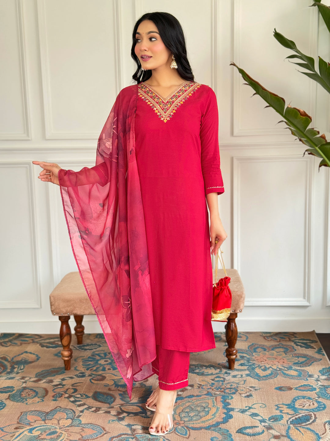 Red Color Rayon Embroidery Straight Kurti With Rayon Pant And Silk Printed Dupatta Sets