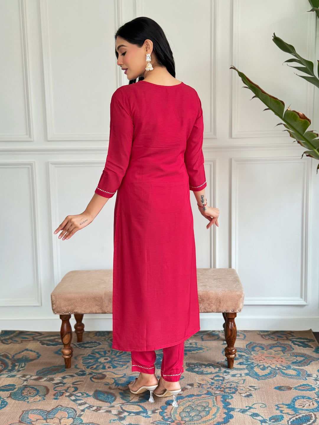 Red Color Rayon Embroidery Straight Kurti With Rayon Pant And Silk Printed Dupatta Sets