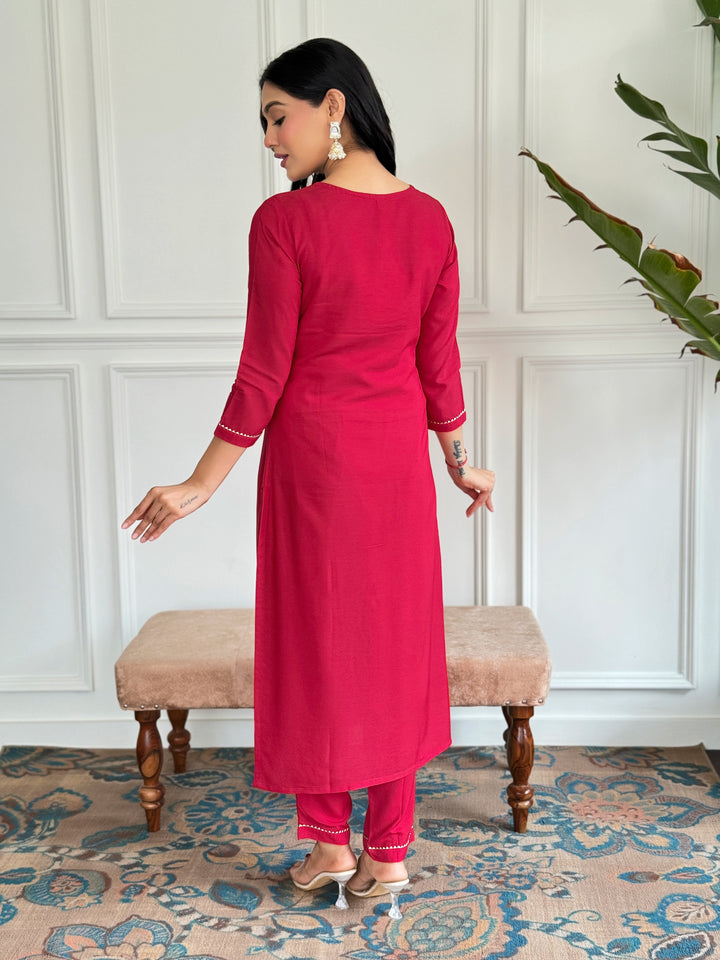 Red Color Rayon Embroidery Straight Kurti With Rayon Pant And Silk Printed Dupatta Sets