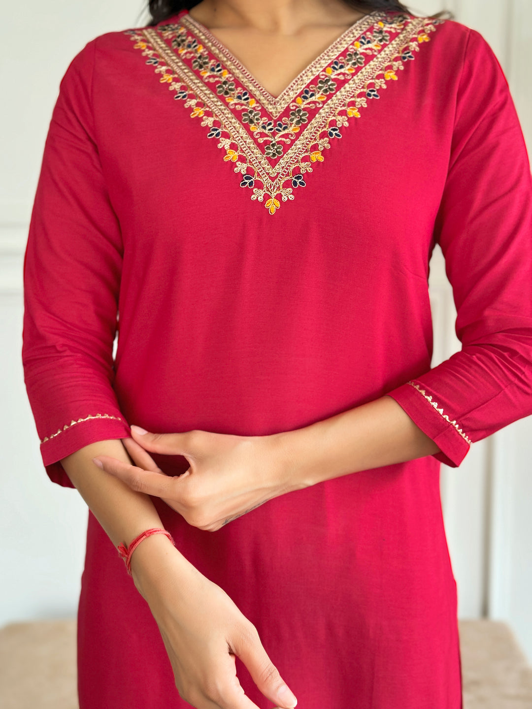 Red Color Rayon Embroidery Straight Kurti With Rayon Pant And Silk Printed Dupatta Sets