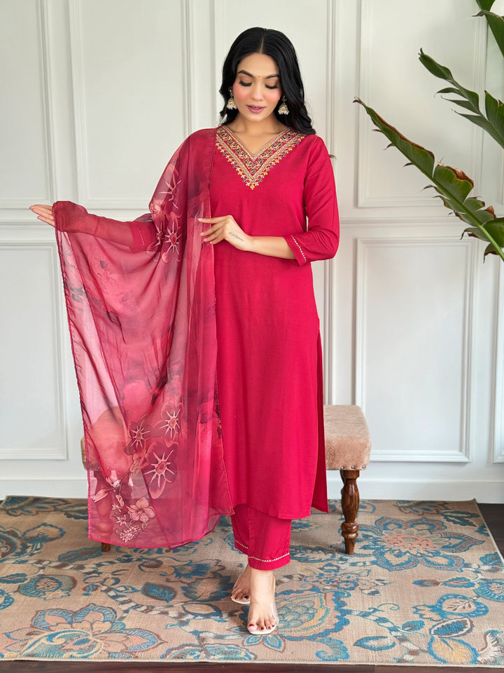 Red Color Rayon Embroidery Straight Kurti With Rayon Pant And Silk Printed Dupatta Sets