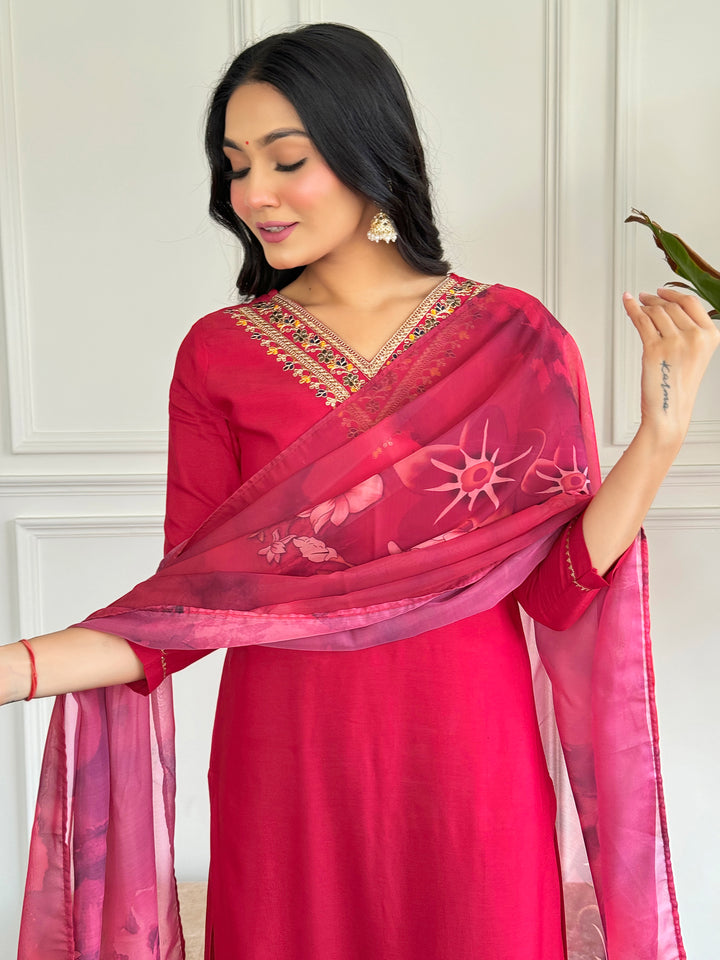 Red Color Rayon Embroidery Straight Kurti With Rayon Pant And Silk Printed Dupatta Sets