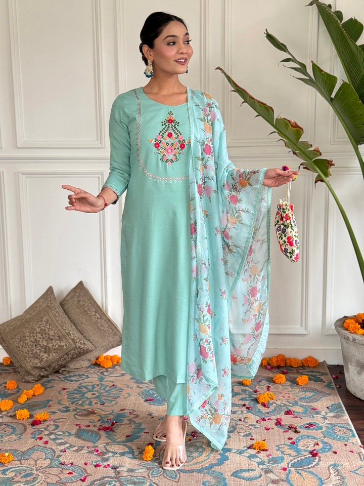 Firoji Color Rayon Embroidery Straight Kurti With Rayon Pant And Silk Printed Dupatta Sets