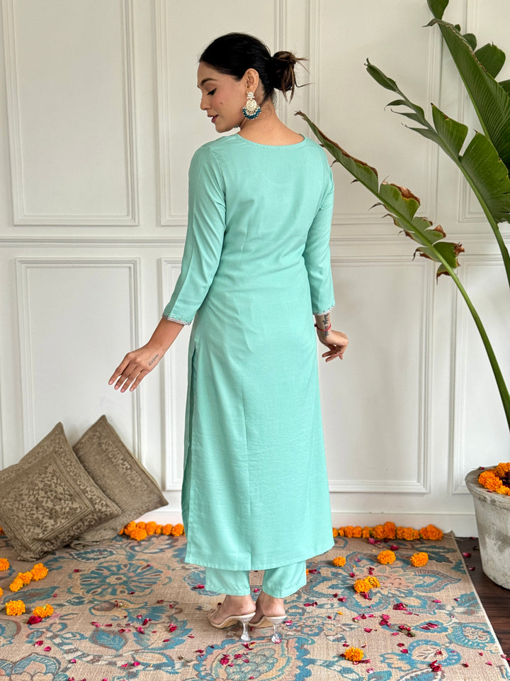 Firoji Color Rayon Embroidery Straight Kurti With Rayon Pant And Silk Printed Dupatta Sets