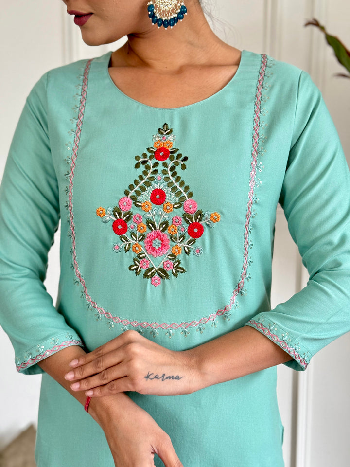 Firoji Color Rayon Embroidery Straight Kurti With Rayon Pant And Silk Printed Dupatta Sets