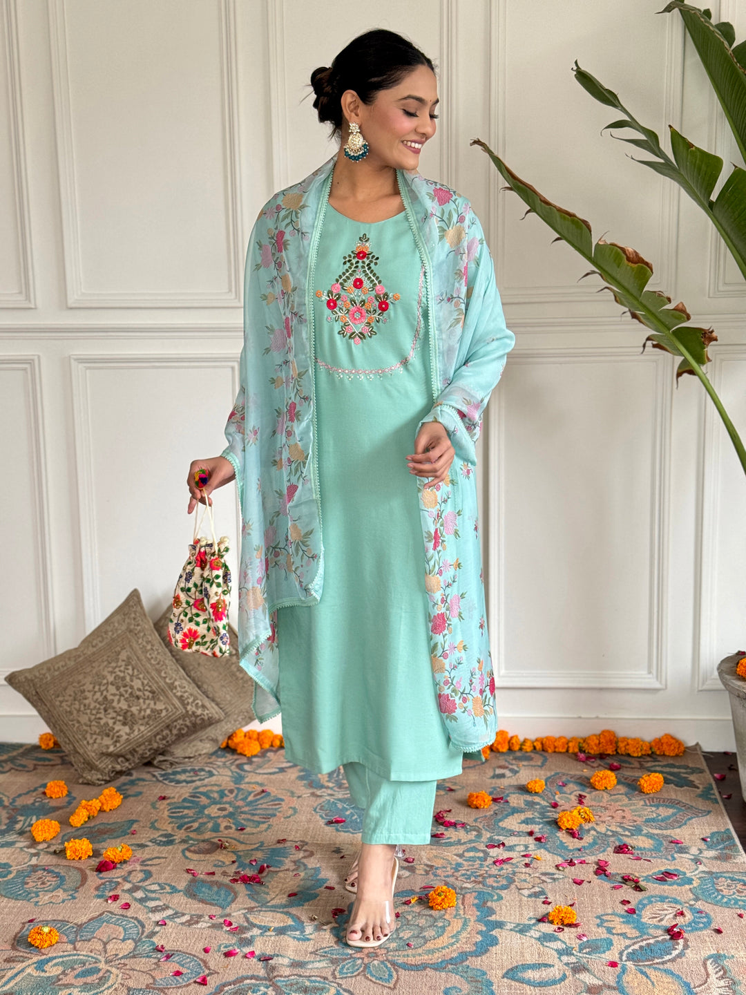 Firoji Color Rayon Embroidery Straight Kurti With Rayon Pant And Silk Printed Dupatta Sets