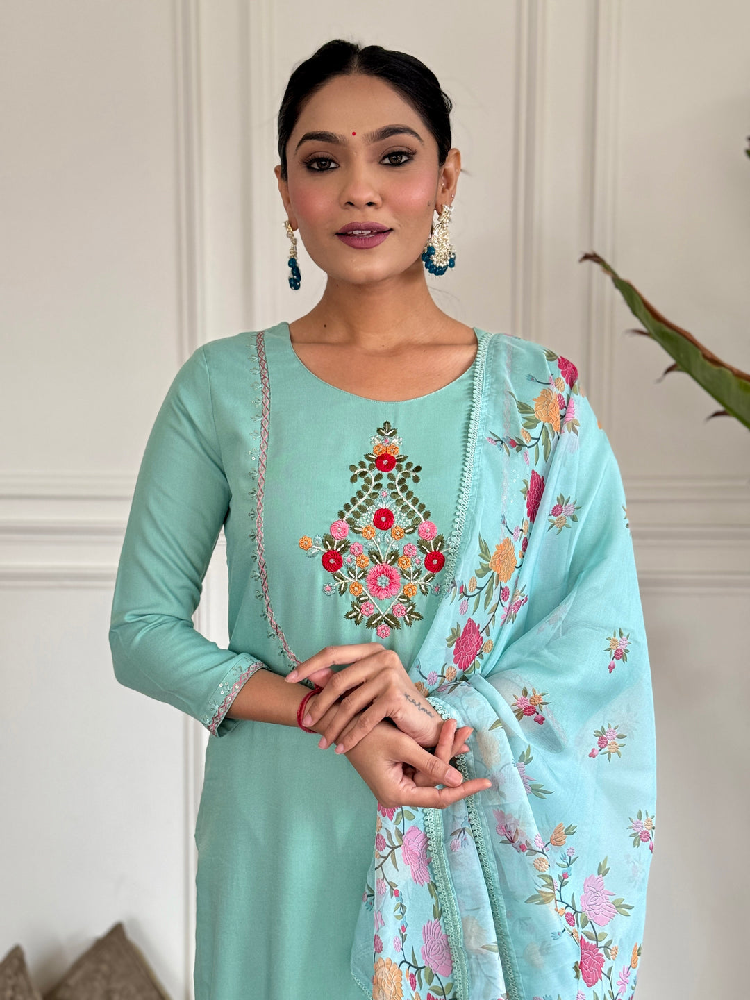 Firoji Color Rayon Embroidery Straight Kurti With Rayon Pant And Silk Printed Dupatta Sets