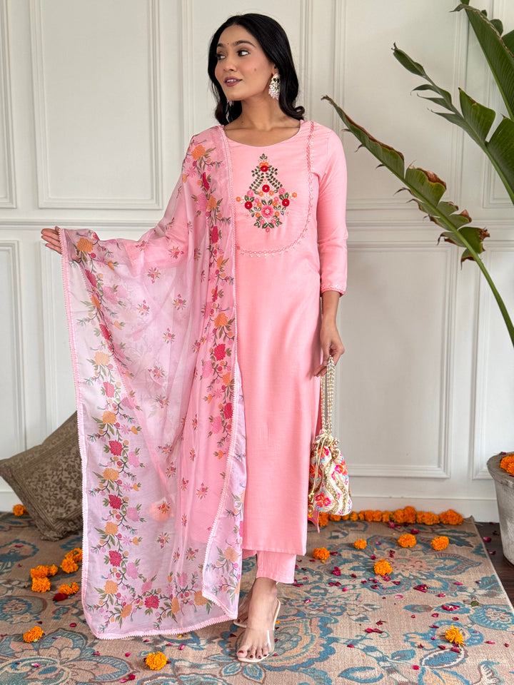 Pink Color Rayon Embroidery Straight Kurti With Rayon Pant And Silk Printed Dupatta Sets