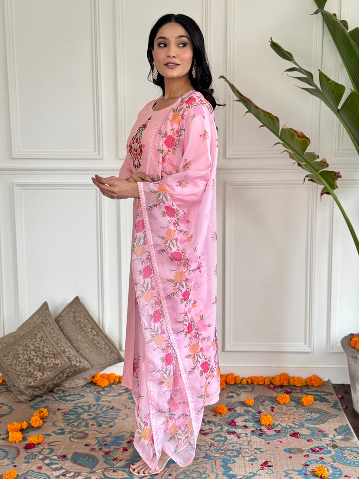 Pink Color Rayon Embroidery Straight Kurti With Rayon Pant And Silk Printed Dupatta Sets
