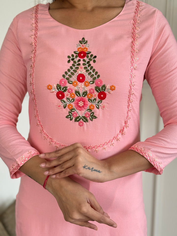 Pink Color Rayon Embroidery Straight Kurti With Rayon Pant And Silk Printed Dupatta Sets