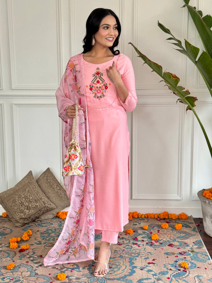 Pink Color Rayon Embroidery Straight Kurti With Rayon Pant And Silk Printed Dupatta Sets
