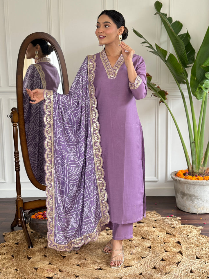 Lavender Color Viscose Silk Embroidery Kurti With Pant And Dupatta Sets