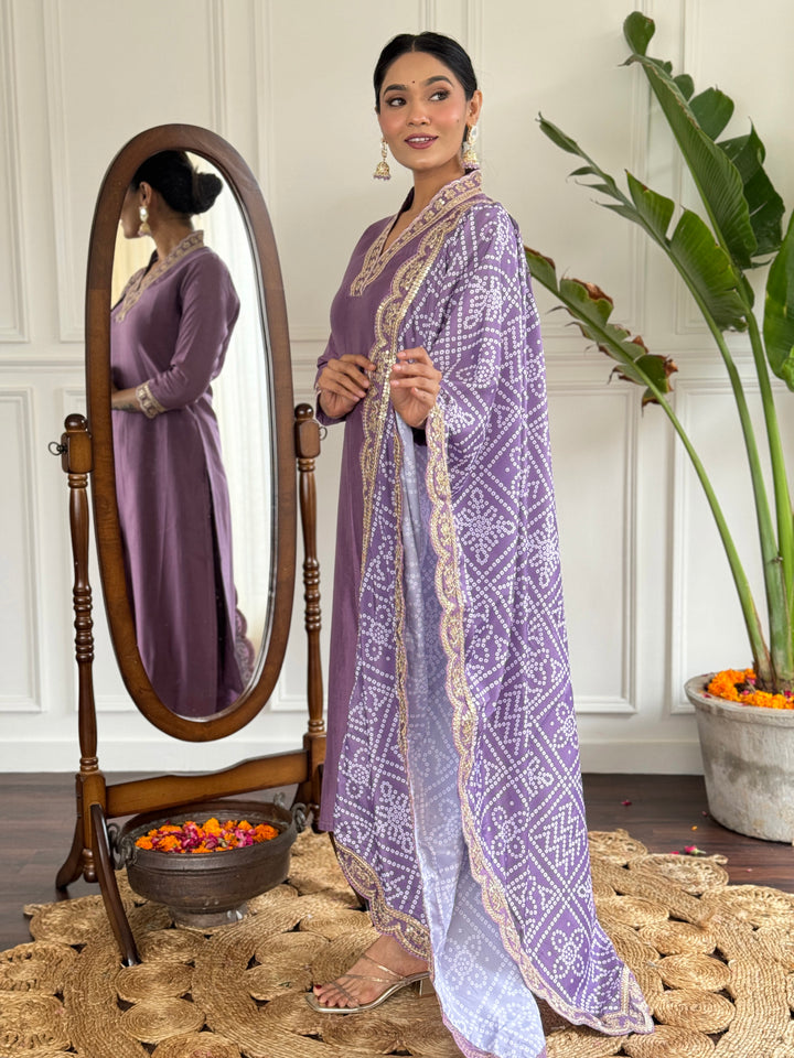 Lavender Color Viscose Silk Embroidery Kurti With Pant And Dupatta Sets