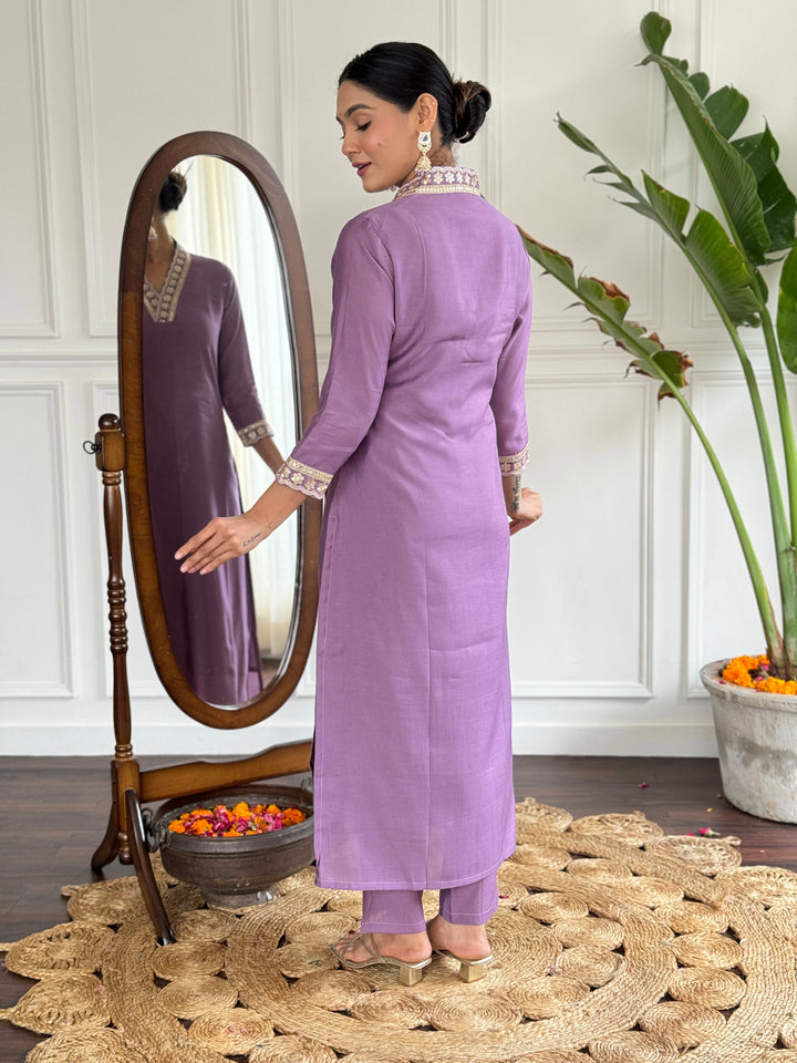 Lavender Color Viscose Silk Embroidery Kurti With Pant And Dupatta Sets