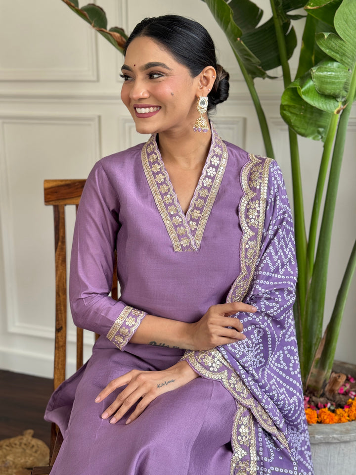 Lavender Color Viscose Silk Embroidery Kurti With Pant And Dupatta Sets