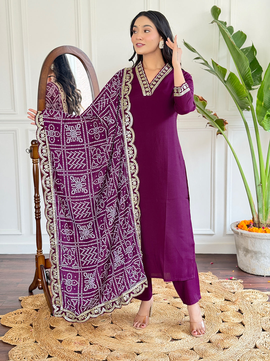 Lavender Color Viscose Silk Embroidery Kurti With Pant And Dupatta Sets