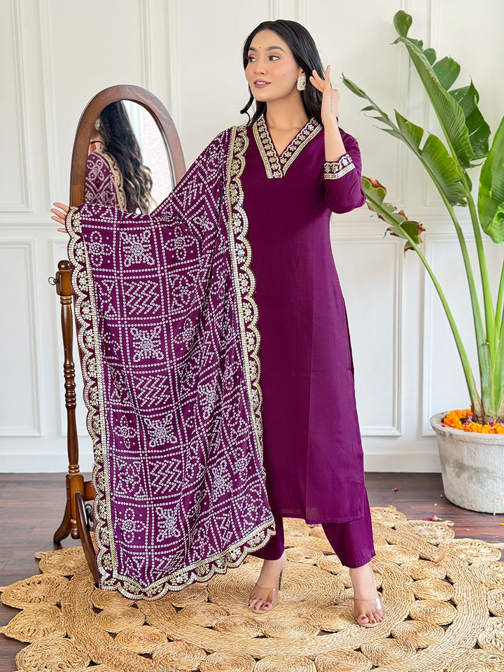 Lavender Color Viscose Silk Embroidery Kurti With Pant And Dupatta Sets