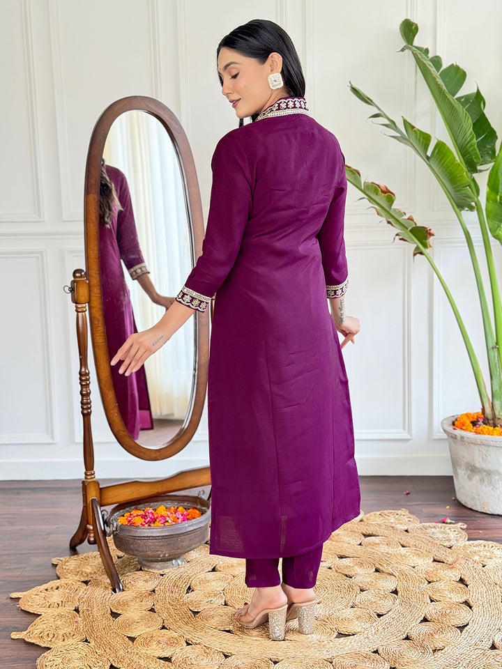 Lavender Color Viscose Silk Embroidery Kurti With Pant And Dupatta Sets