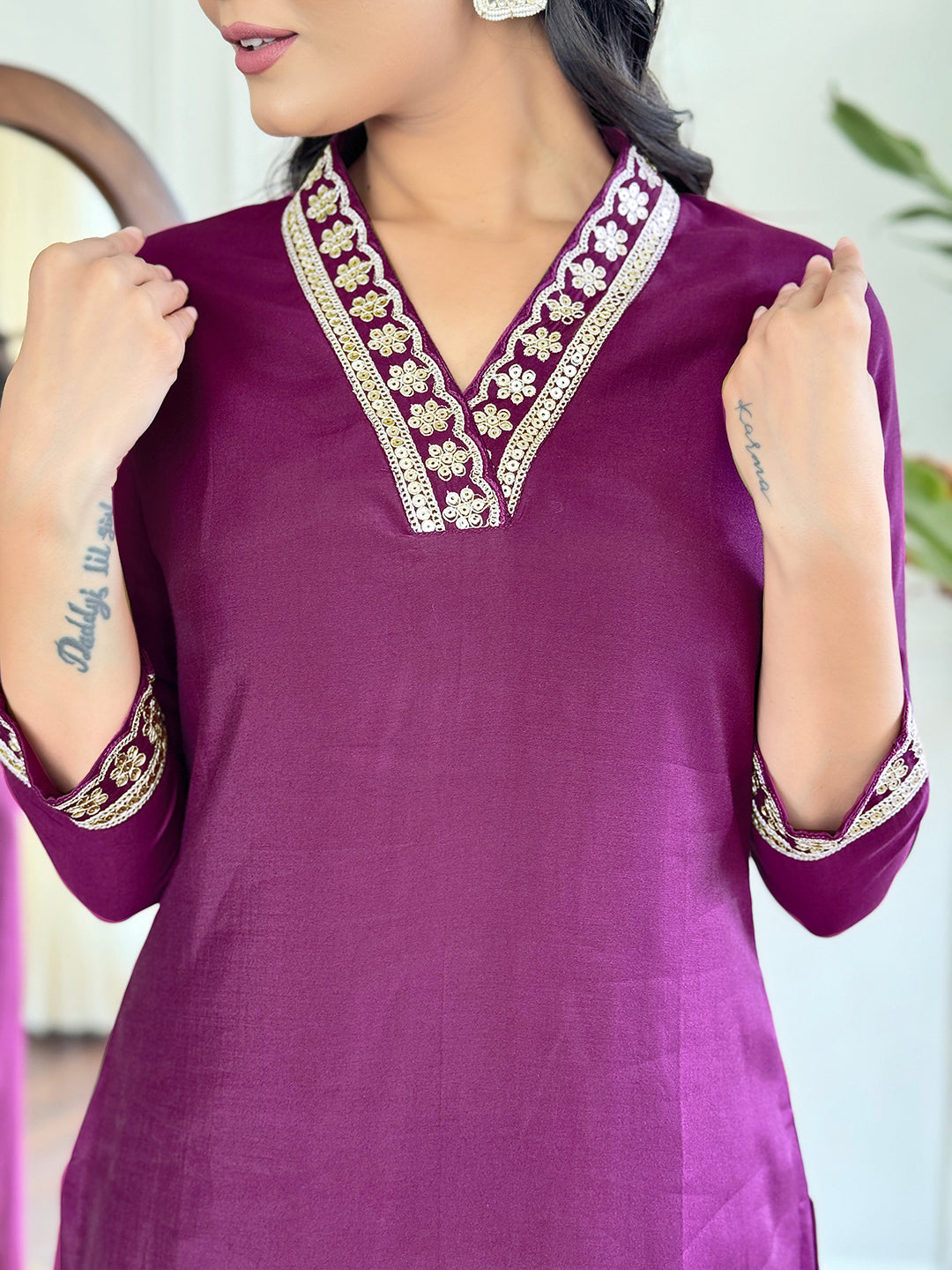 Lavender Color Viscose Silk Embroidery Kurti With Pant And Dupatta Sets