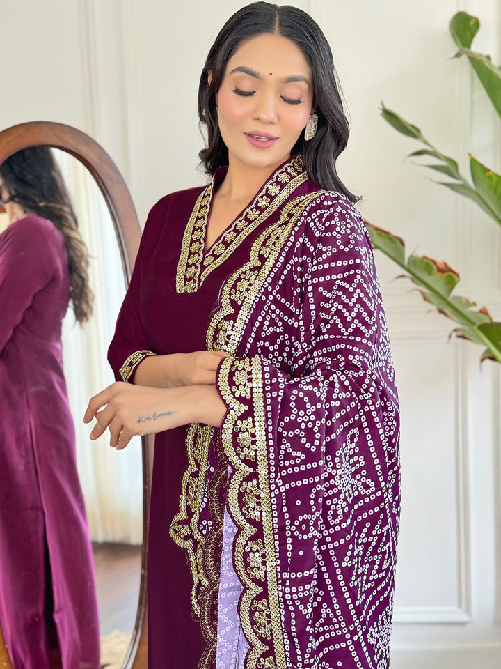 Lavender Color Viscose Silk Embroidery Kurti With Pant And Dupatta Sets