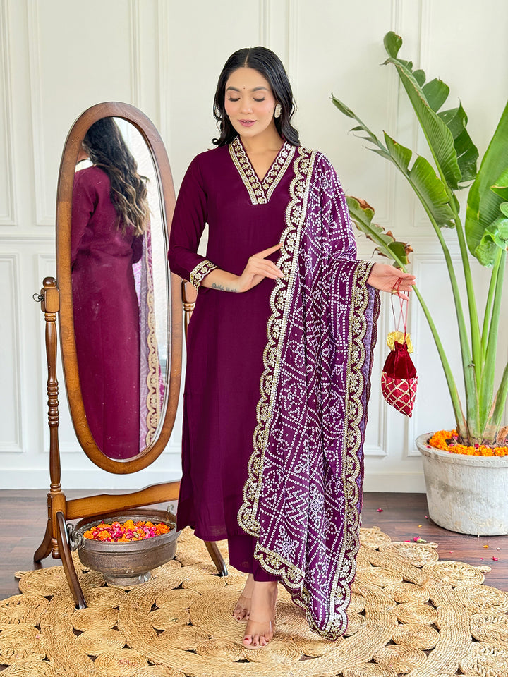 Lavender Color Viscose Silk Embroidery Kurti With Pant And Dupatta Sets