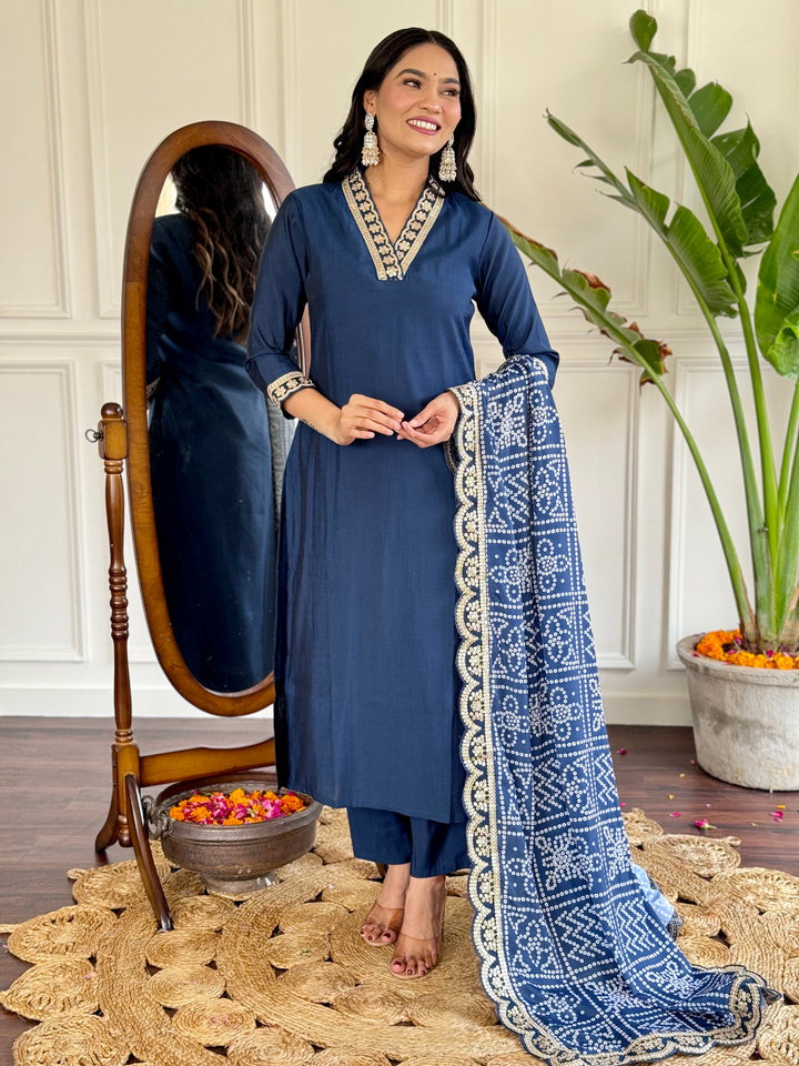 Petrol Color Viscose Silk Embroidery Kurti With Pant And Dupatta Sets