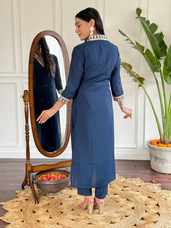Petrol Color Viscose Silk Embroidery Kurti With Pant And Dupatta Sets