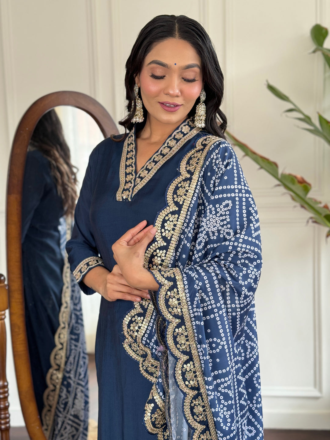 Petrol Color Viscose Silk Embroidery Kurti With Pant And Dupatta Sets