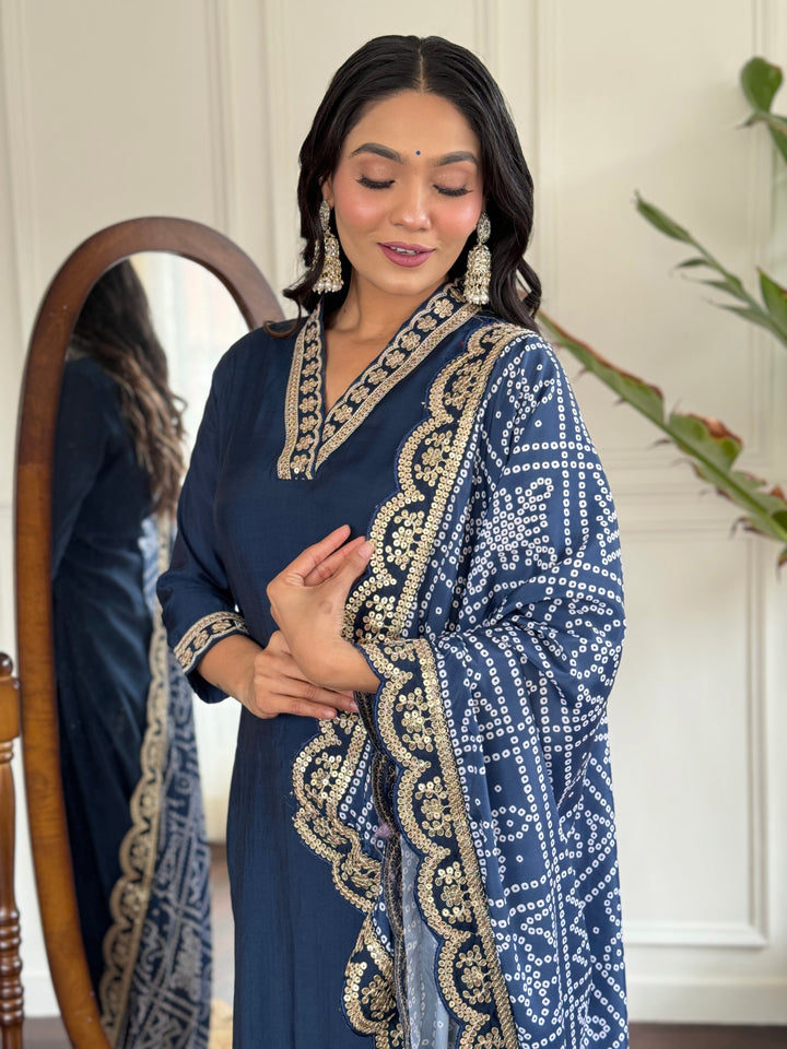 Petrol Color Viscose Silk Embroidery Kurti With Pant And Dupatta Sets