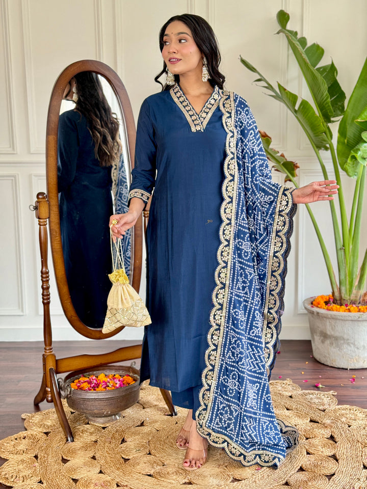 Petrol Color Viscose Silk Embroidery Kurti With Pant And Dupatta Sets
