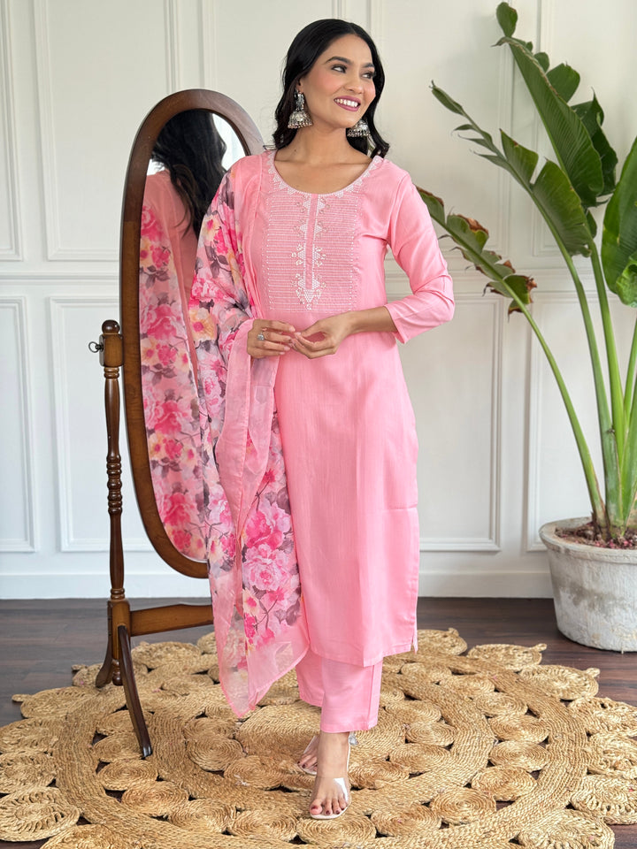 Pink Color Rayon Slub Embroidery Straight Kurtai With Rayon Slub Pant And Silk Printed Dupatta Sets