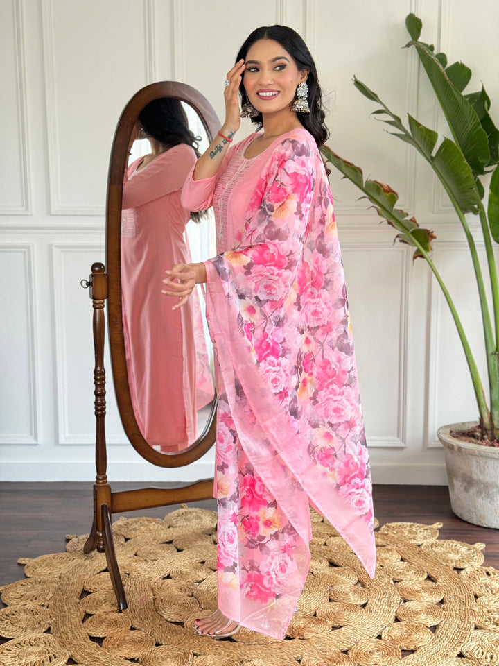 Pink Color Rayon Slub Embroidery Straight Kurtai With Rayon Slub Pant And Silk Printed Dupatta Sets