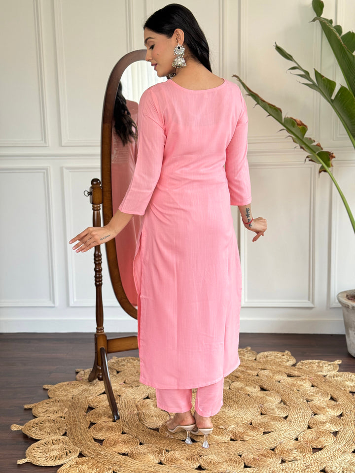 Pink Color Rayon Slub Embroidery Straight Kurtai With Rayon Slub Pant And Silk Printed Dupatta Sets