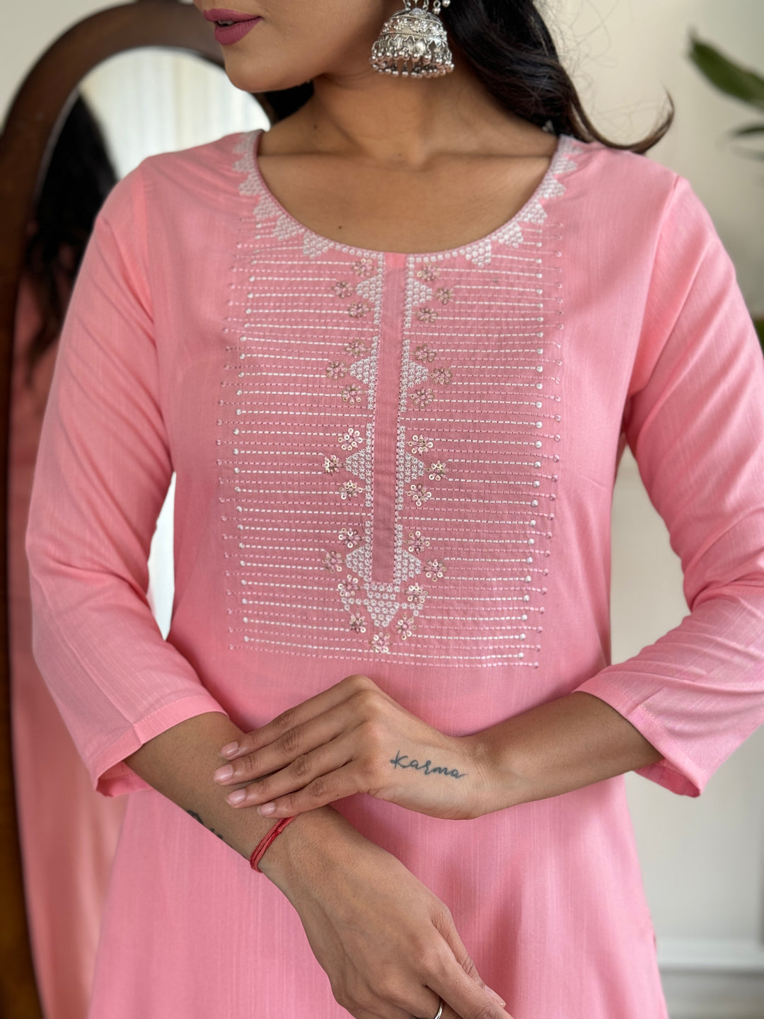 Pink Color Rayon Slub Embroidery Straight Kurtai With Rayon Slub Pant And Silk Printed Dupatta Sets