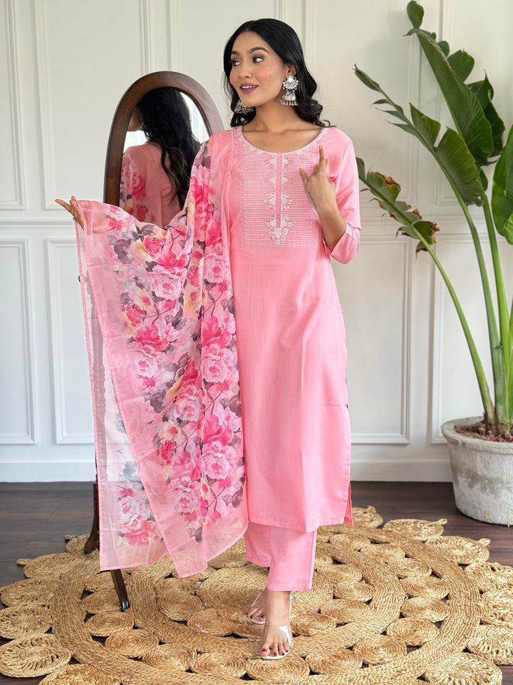 Pink Color Rayon Slub Embroidery Straight Kurtai With Rayon Slub Pant And Silk Printed Dupatta Sets