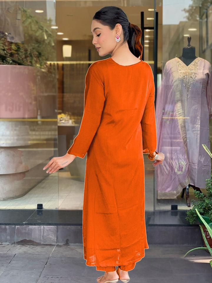 Orange Color Silk Chiffon Embroidery Kurti With Reyon Pant And Silk Chiffon Dupatta Sets