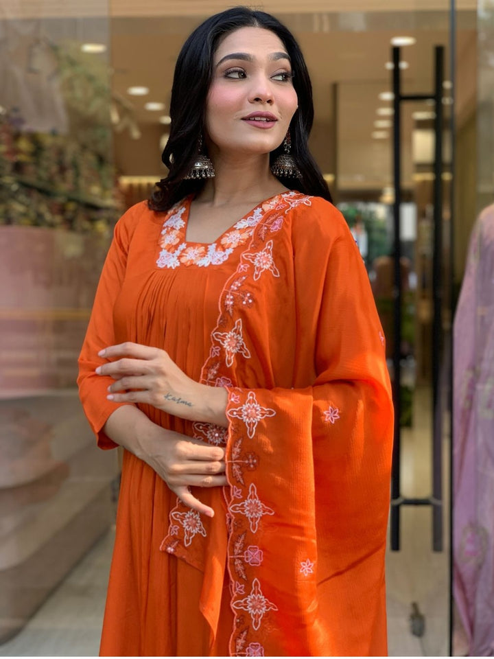 Orange Color Silk Chiffon Embroidery Kurti With Reyon Pant And Silk Chiffon Dupatta Sets