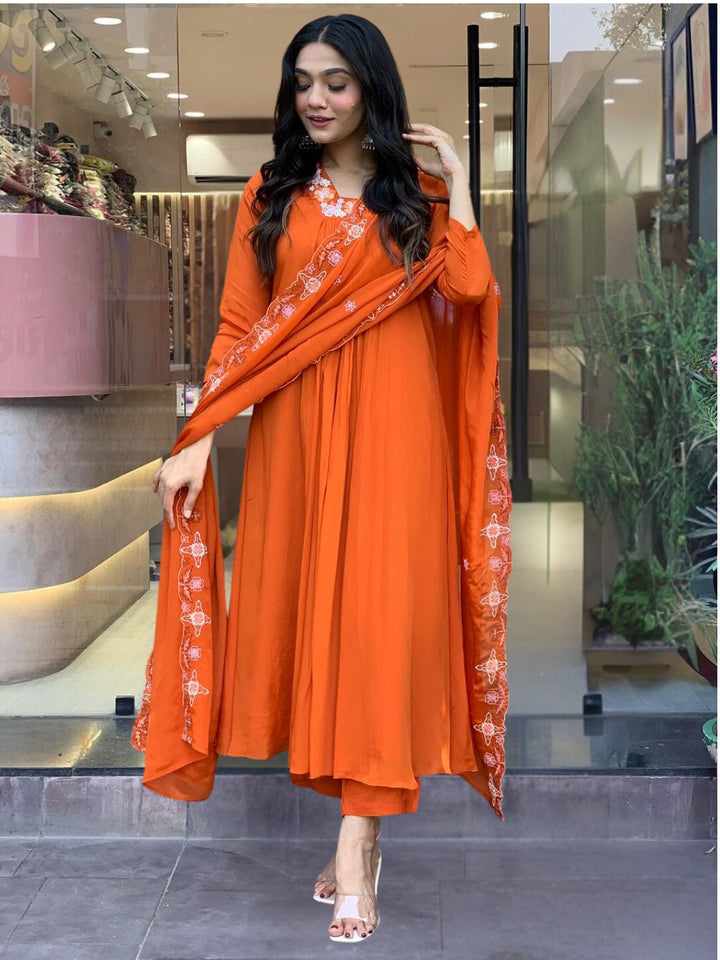 Orange Color Silk Chiffon Embroidery Kurti With Reyon Pant And Silk Chiffon Dupatta Sets