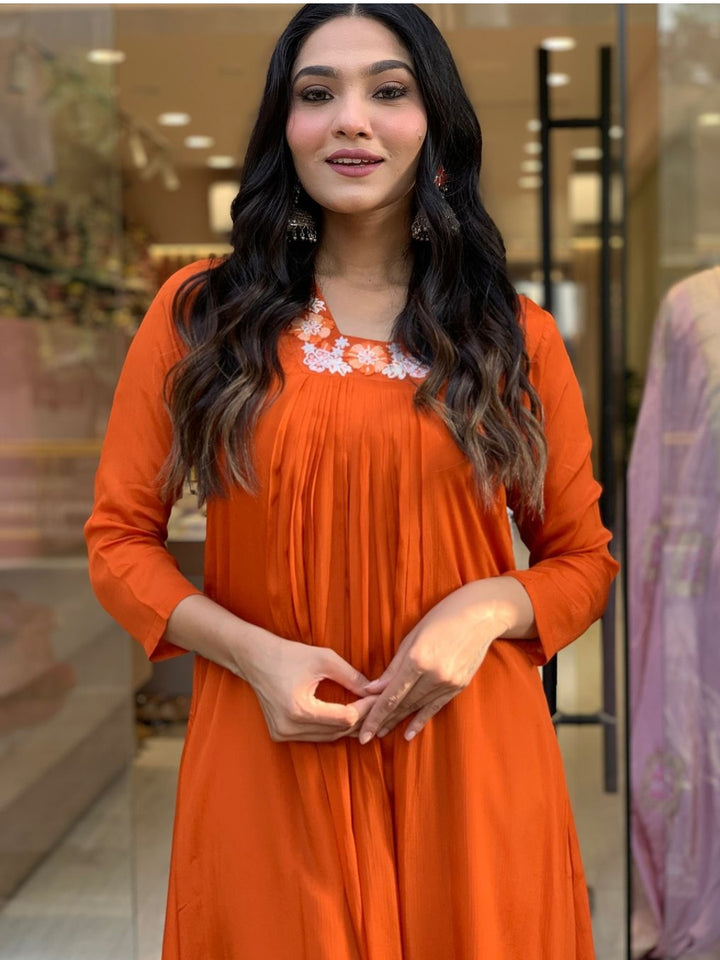 Orange Color Silk Chiffon Embroidery Kurti With Reyon Pant And Silk Chiffon Dupatta Sets