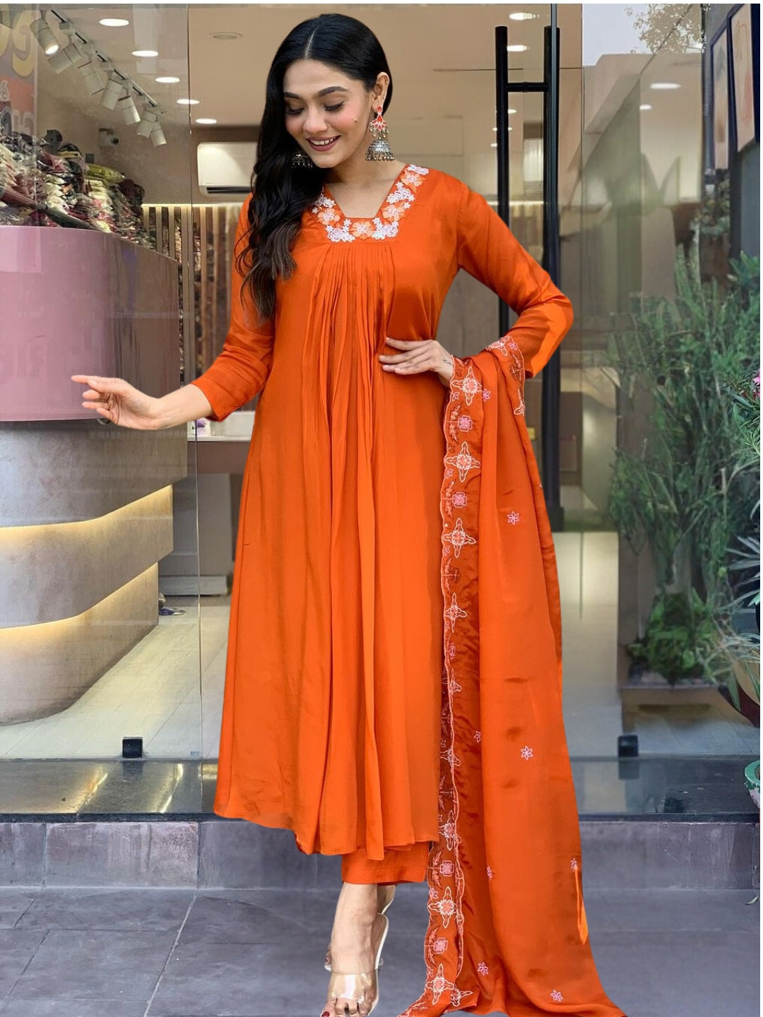 Orange Color Silk Chiffon Embroidery Kurti With Reyon Pant And Silk Chiffon Dupatta Sets