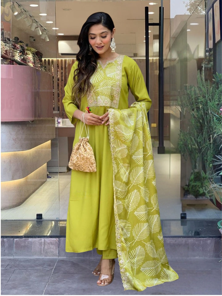 Lemon Color Viscose Embroidery Straight Kurti With Viscose Pant And French Crepe Embroidery Laced Dupatta Set